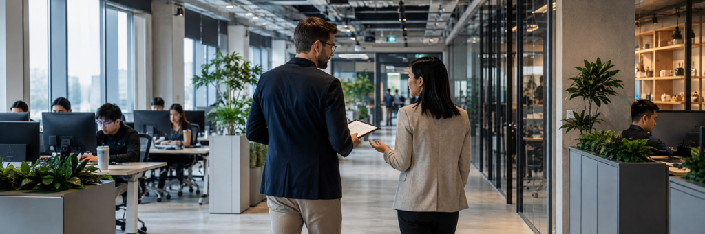 Foreign professional discussing employment requirements with a Chinese HR advisor in a modern workplace in China