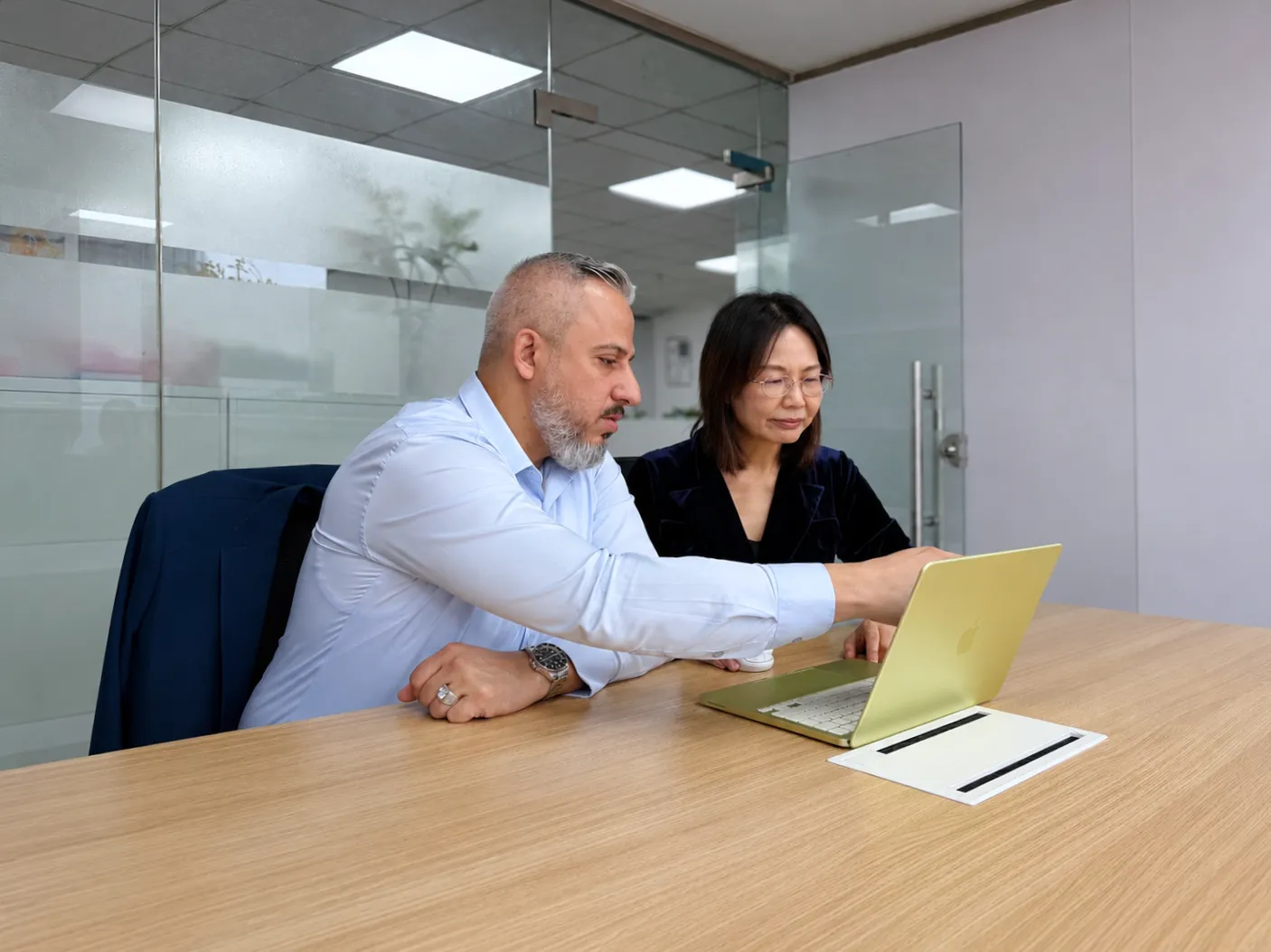 Consultant and client reviewing a market-entry plan together on a laptop in a modern office